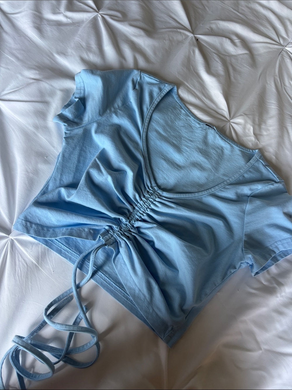 Ruched Front V-Neck Crop Top - Light Blue